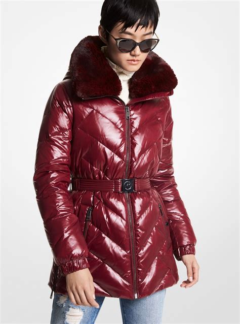 michael michael kors faux fur trim belted puffer jacket|Michael Kors puffer jacket women's.